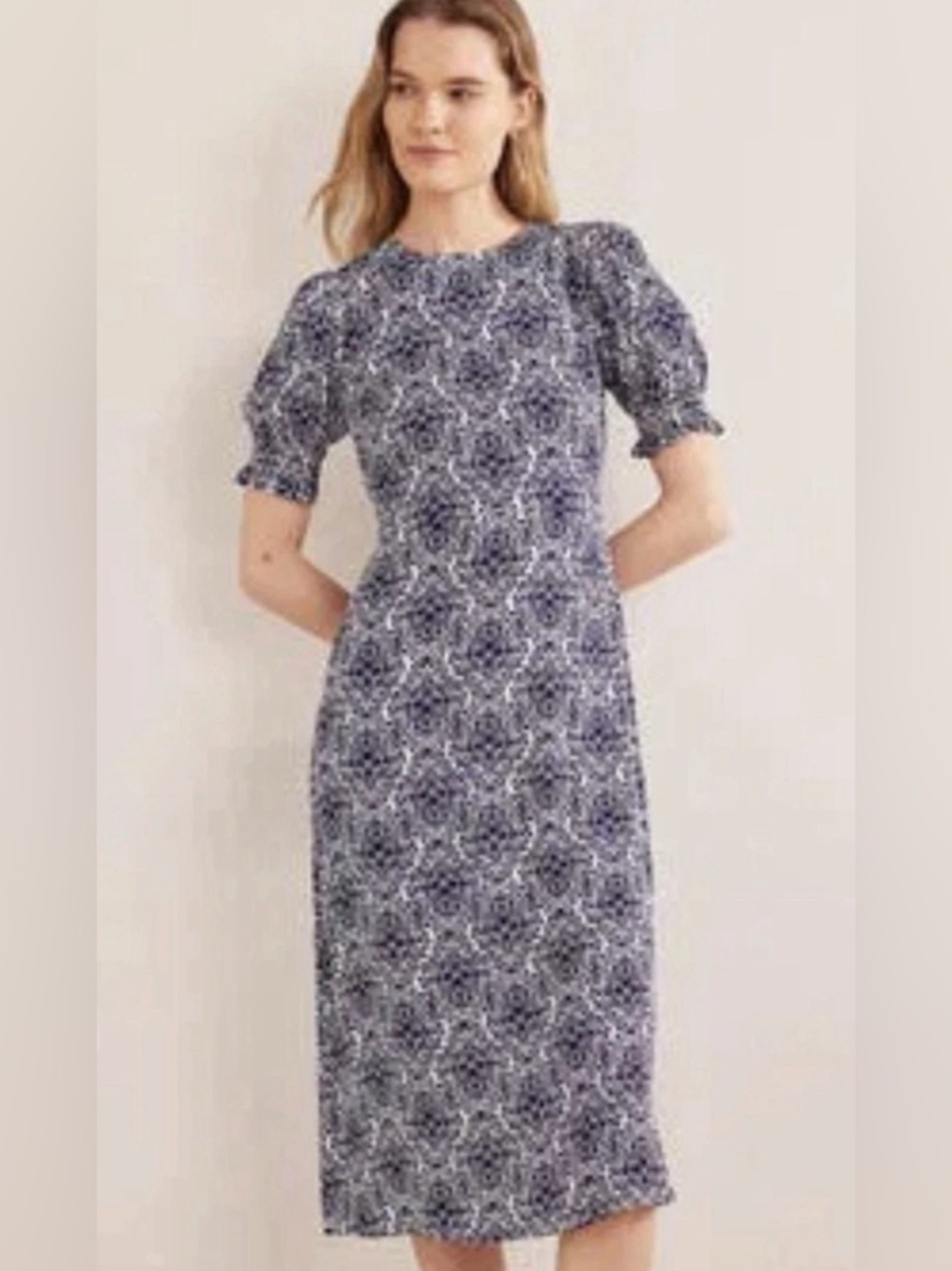 Boden Navy White Floral Patterned Midi Corinne Dress Size US 14 UK 18- EUC
